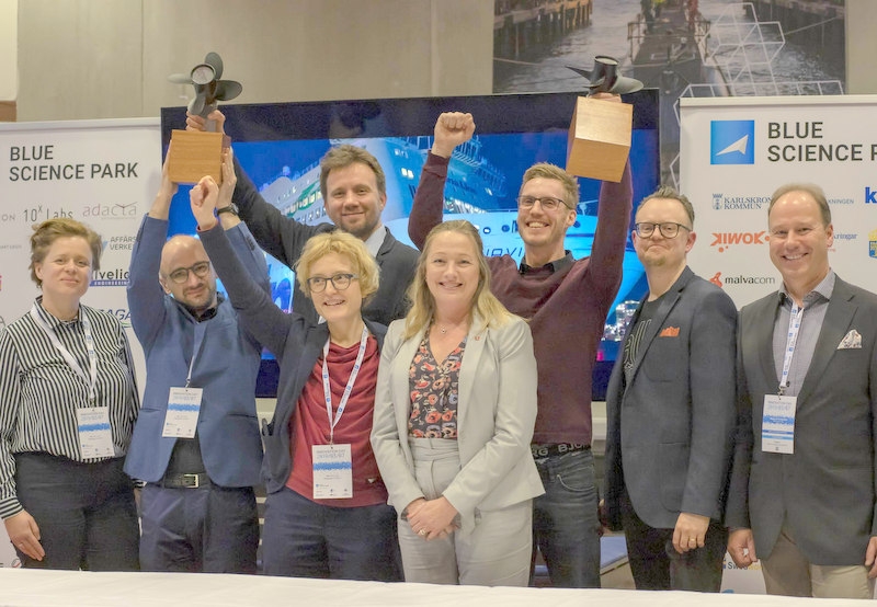 Na zdjęciu od lewej: Anna Borkowska reprezentującą Pomorski Park Naukowo-Technologiczny w Gdyni; laureaci z firmy Searis Technologies: Jakub Zdroik, Aleksandra Zgrundo oraz Konrad Klepacki; Monica Strandhag, przedstawiciel Stena Line; laureaci z firmy AllBinary: Christian Malmström i Tomas Sareklint; oraz Magnus Forsbrand z Blue Science Park w Karlskronie (Szwecja) archiwum Stena Line