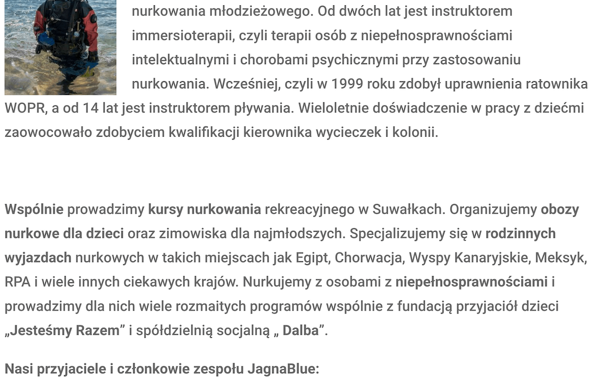 Opis działalności firmy na stronie Jagna Blue 