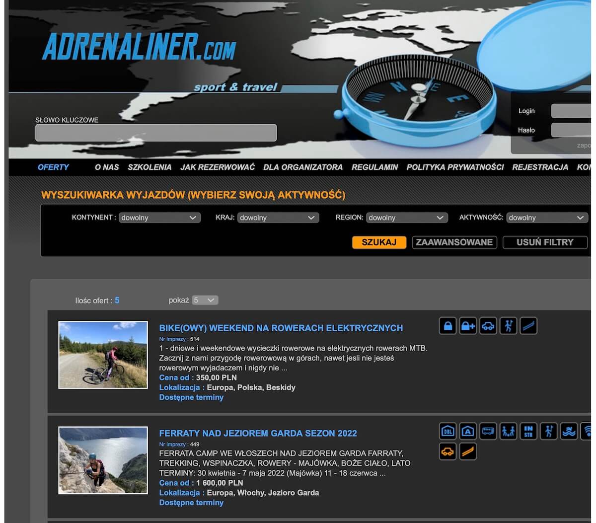 Zrzut ekranu ze strony Adrenaliner 